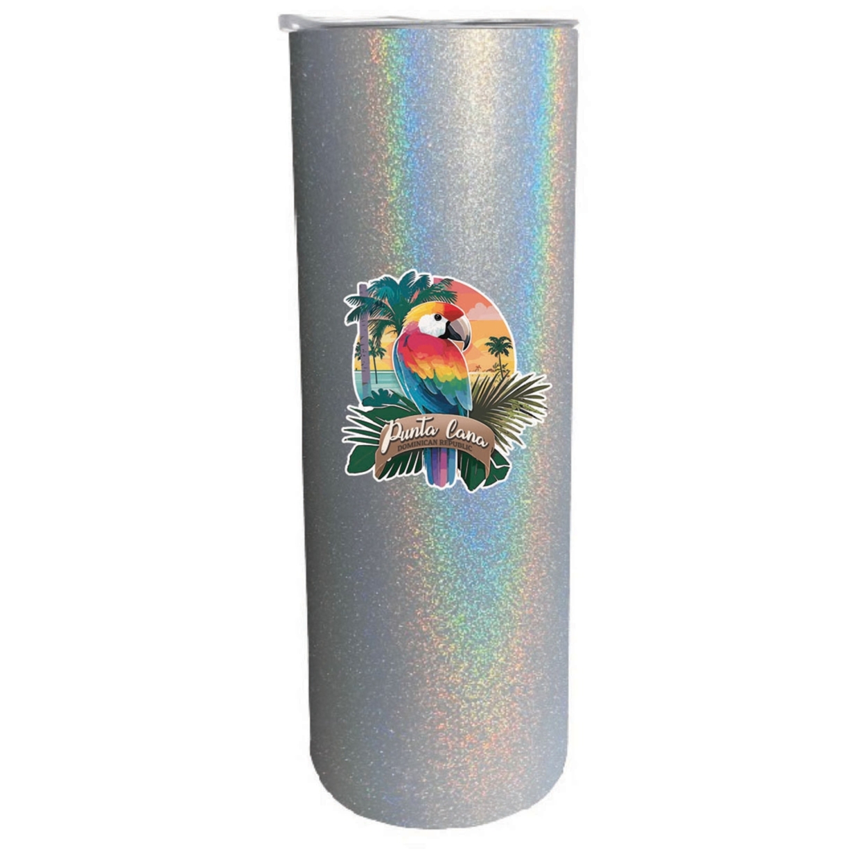 Punta Cana Dominican Republic Souvenir 20 Oz Insulated Stainless Steel Skinny Tumbler - Rainbow Glitter Black, PARROT