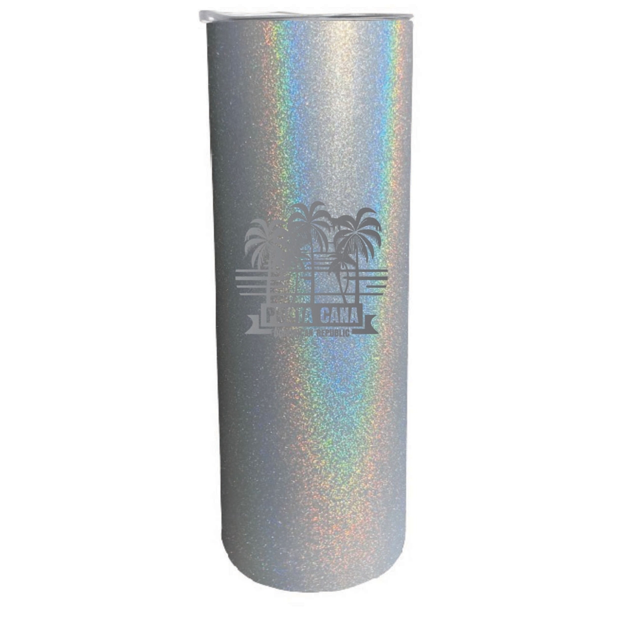 Punta Cana Dominican Republic Souvenir 20 Oz Insulated Stainless Steel Skinny Tumbler Etched - Rainbow Glitter Gray, PALM BEACH