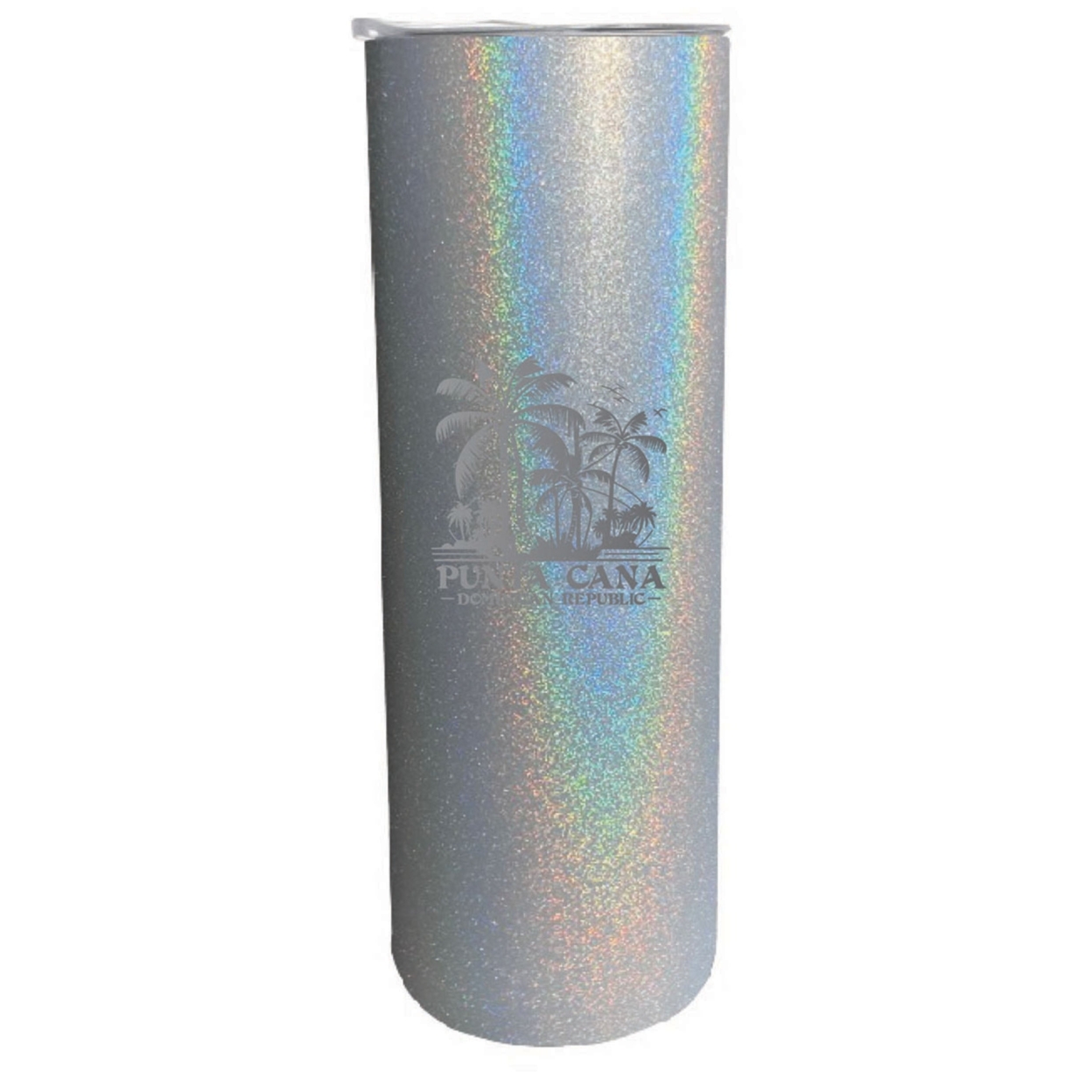 Punta Cana Dominican Republic Souvenir 20 Oz Insulated Stainless Steel Skinny Tumbler Etched - Rainbow Glitter Gray, PALMS