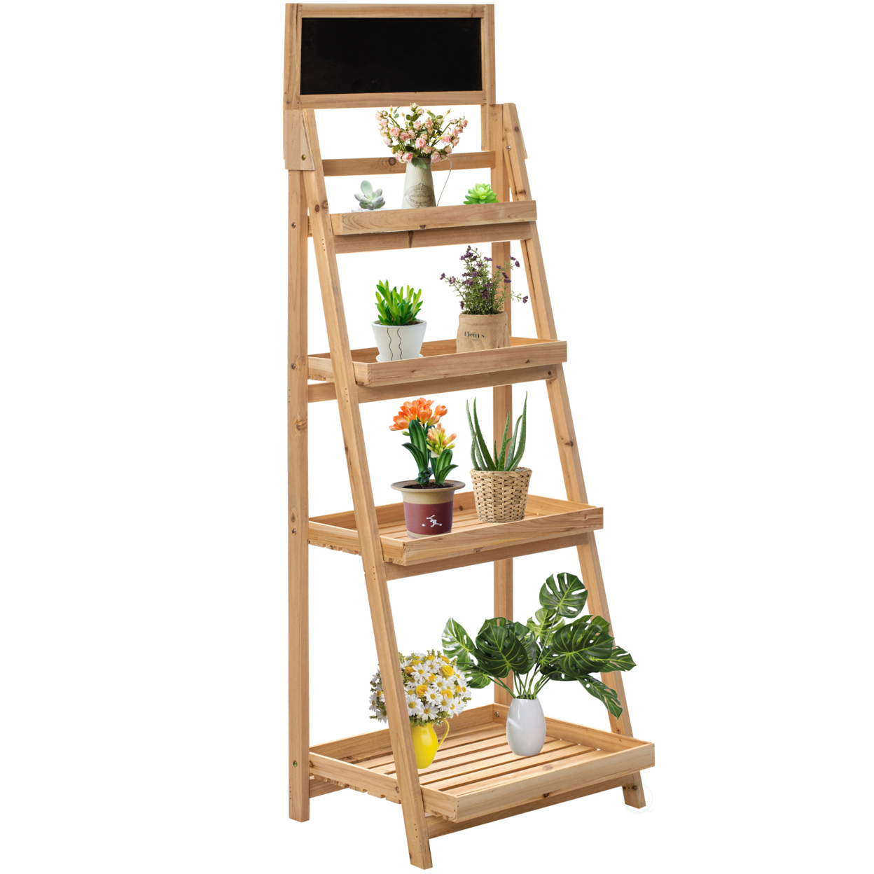 Decorative Wooden 4-Tier Chalkboard Ladder Shelf, Flower Plant Pot Display Shelf Bookshelf, Plant Flower Stand, Storage Display Shelves