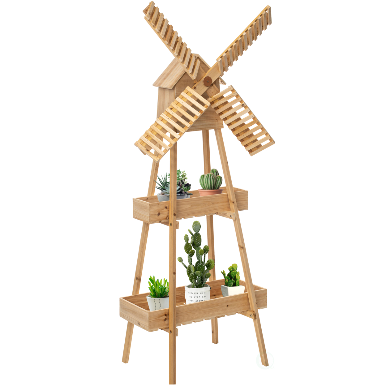 Wooden Cart With Windmill Accent, Versatile And Decorative Piece For Home Or Garden Decor, Perfect For Displaying Plants, Books, Decor Items