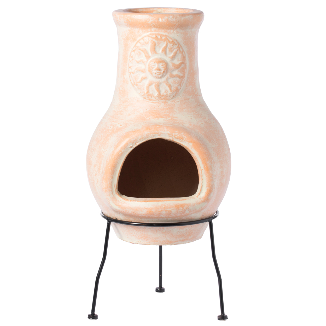 Beige Outdoor Clay Chimney Outdoor Fireplace Sun Design Charcoal Burning Fire Pit With Sturdy Metal Stand, Barbecue, Cocktail Party