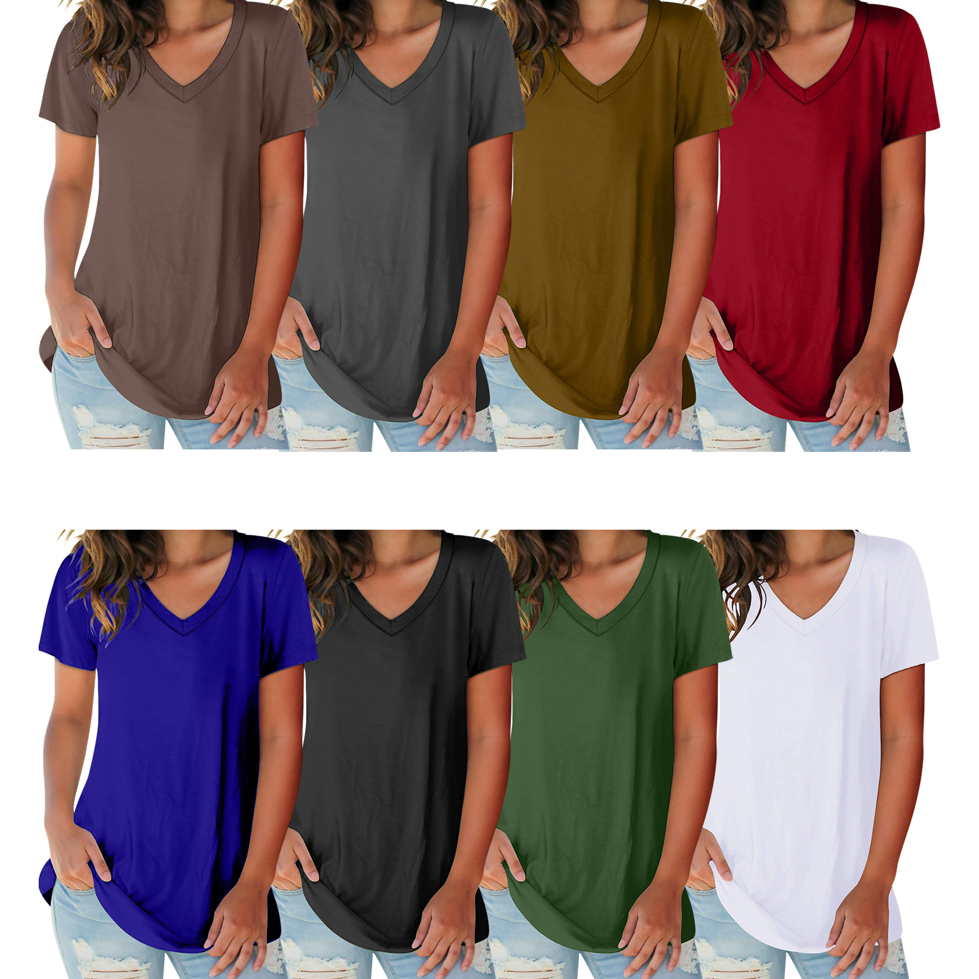 5-Pack: Ladies Ultra Soft Cotton Basic Short Sleeve V-Neck Short Sleeve Summer T-Shirts - Large