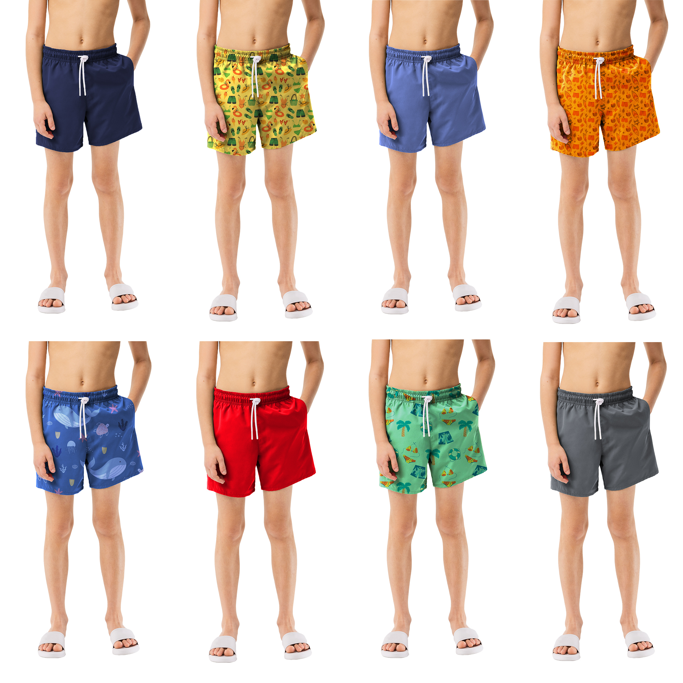 3-Pack: Boy's Quick-Dry Solid & Print Active Summer Beach Swimming Trunks Shorts - Print, Small