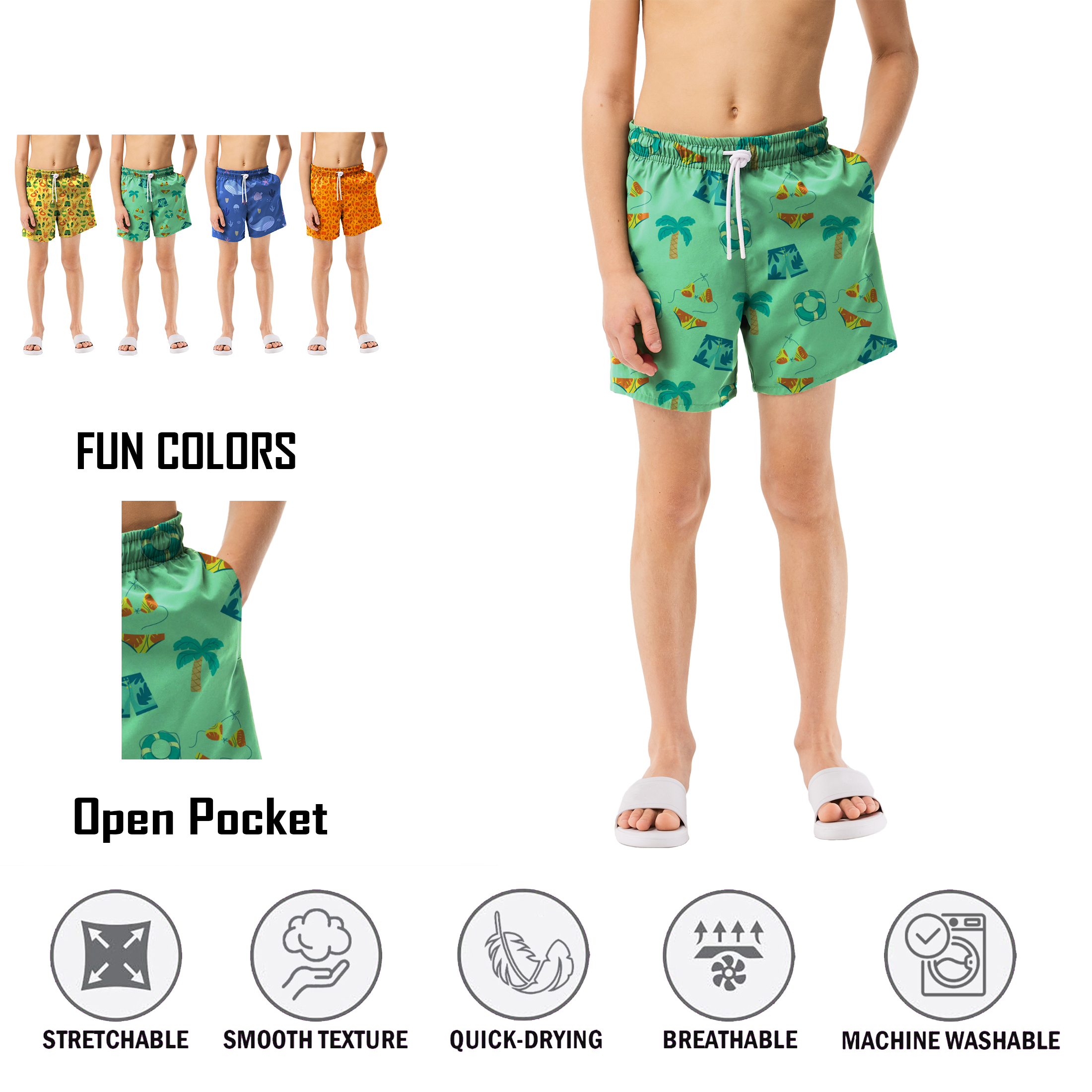 3-Pack: Boy's Quick-Dry Solid & Print Active Summer Beach Swimming Trunks Shorts - Print, Large