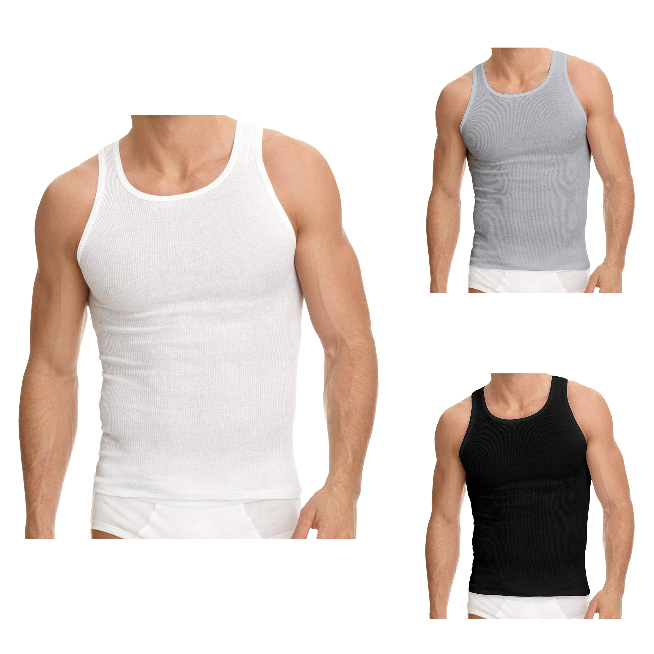 12-Pack: Men's Solid Cotton Soft Ribbed Slim-Fitting Summer Tank Tops - White, Medium