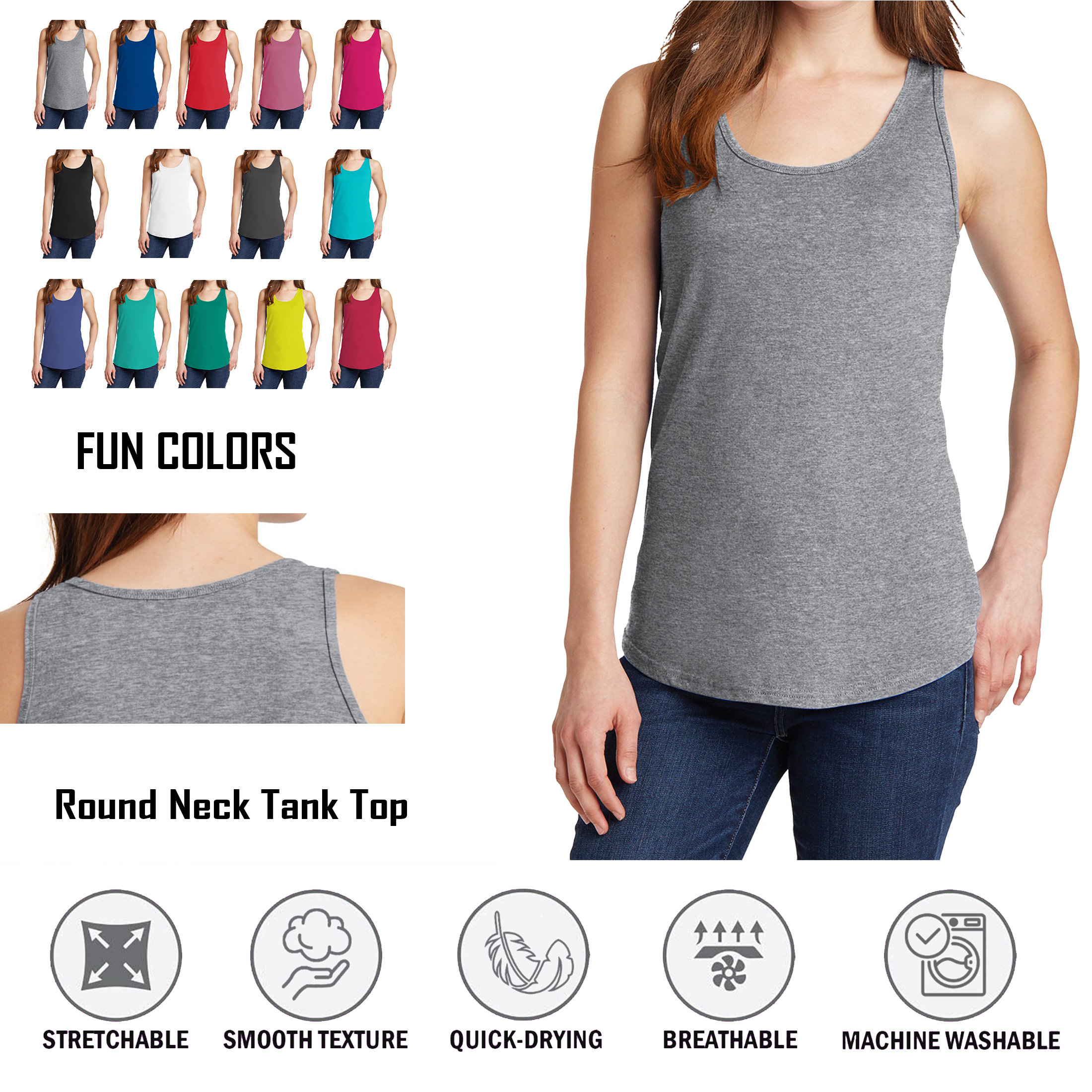 6-Pack: Women's Lightweight Crew Neck Solid Fit Ultra-Soft Summer Gym Sports Tank Top - Small
