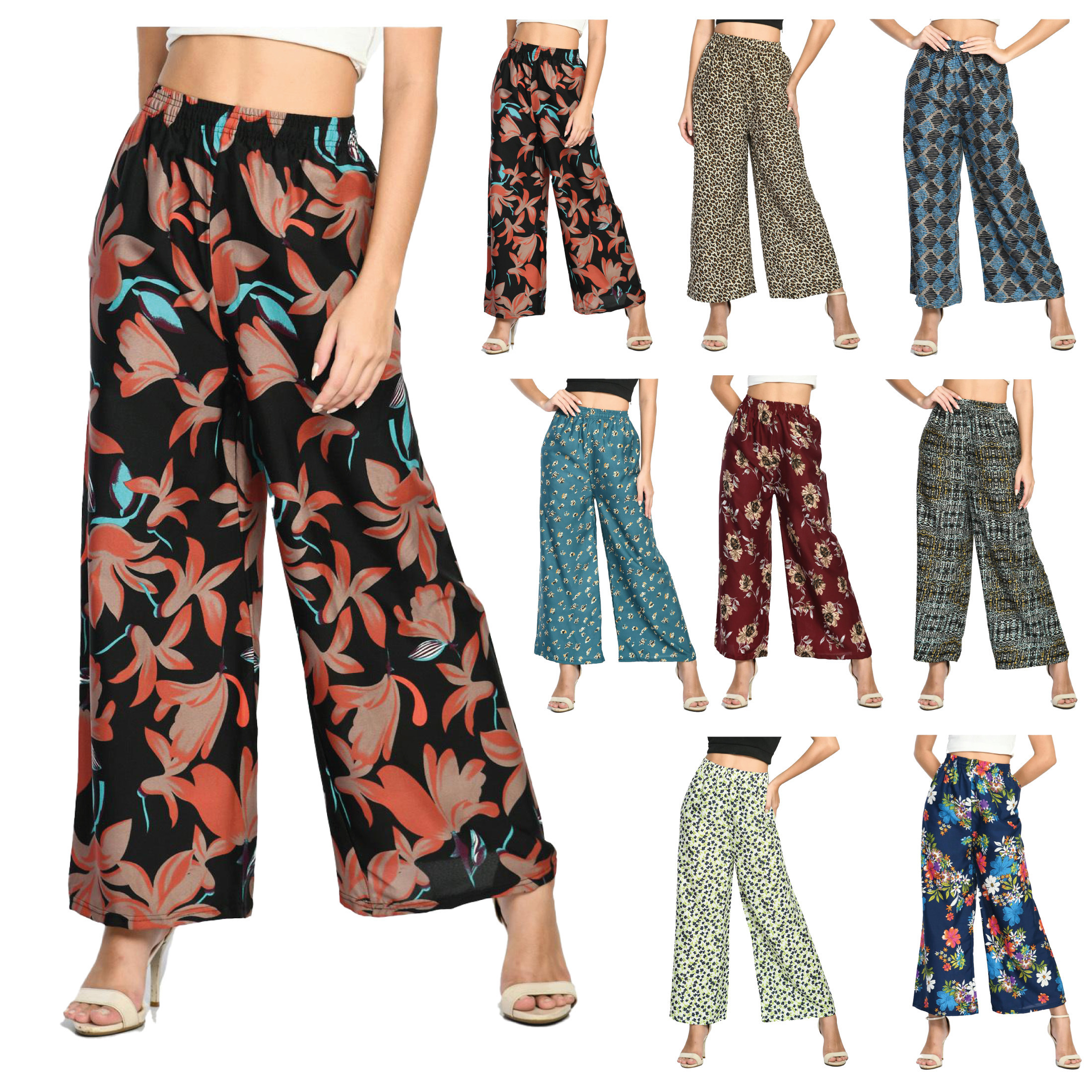2-Pack: Ladies Soft Cotton Blended Loose Fit Wide Leg Comfort Printed Pants - Small