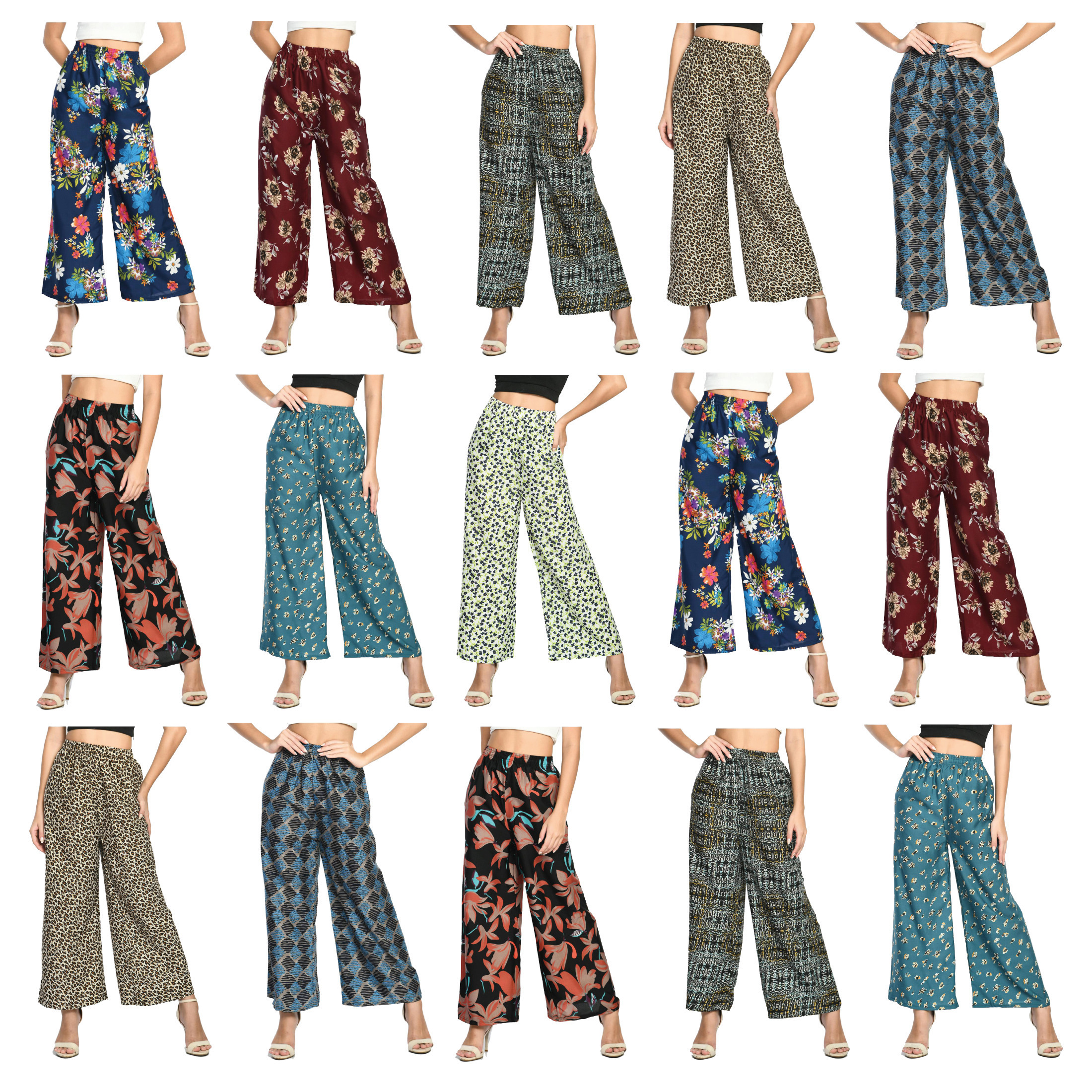 2-Pack: Ladies Soft Cotton Blended Loose Fit Wide Leg Comfort Printed Pants - Small