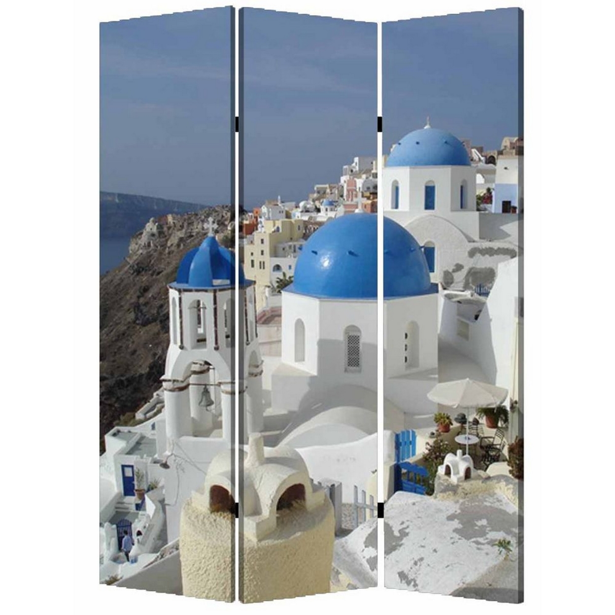 71 Inch Folding Screen Room Divider, Two Sided Grecian Skyline Design- Saltoro Sherpi