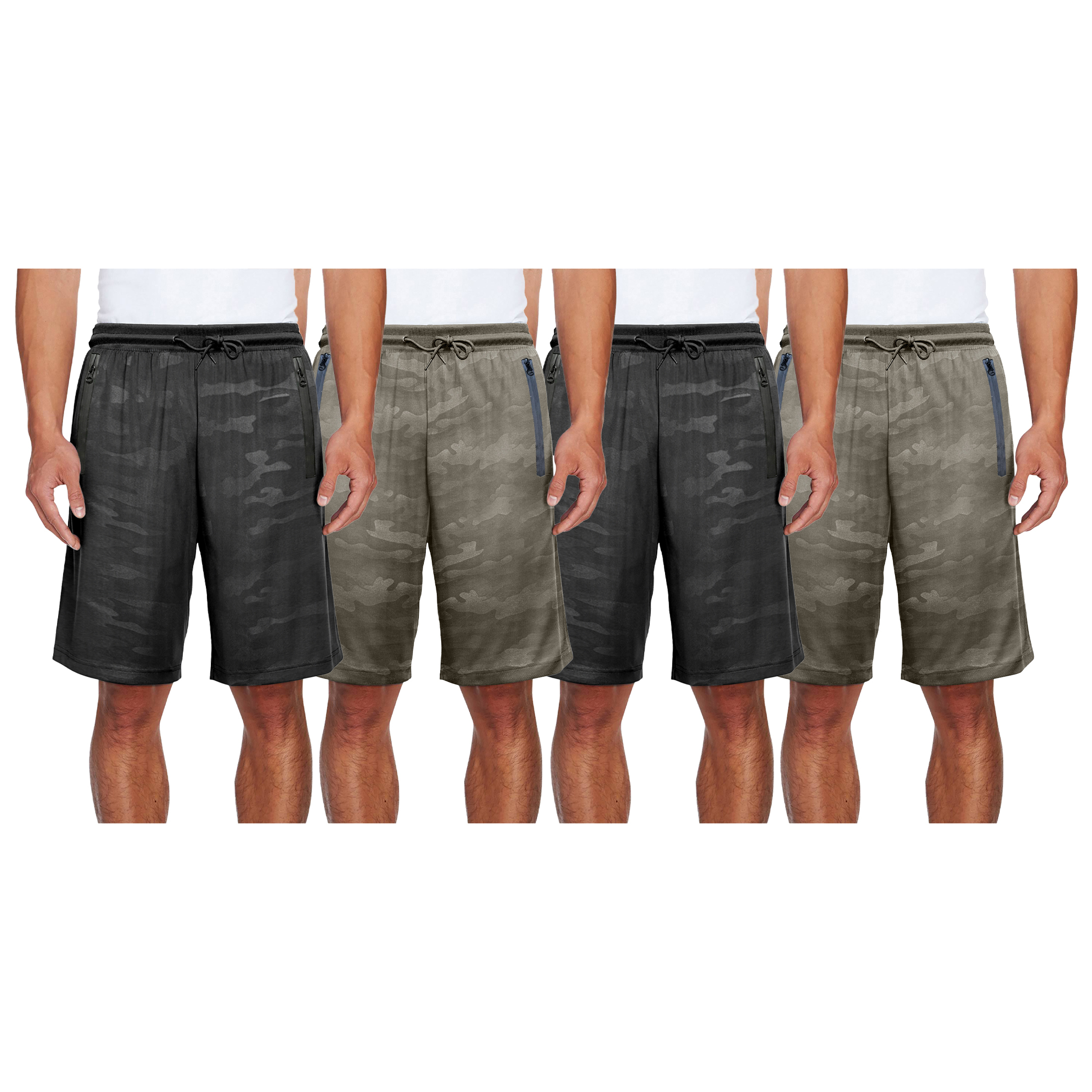 2-Pack: Men's Quick Dry Camo-Print Athletic Performance Active Running Scuba Shorts - Olive, Medium