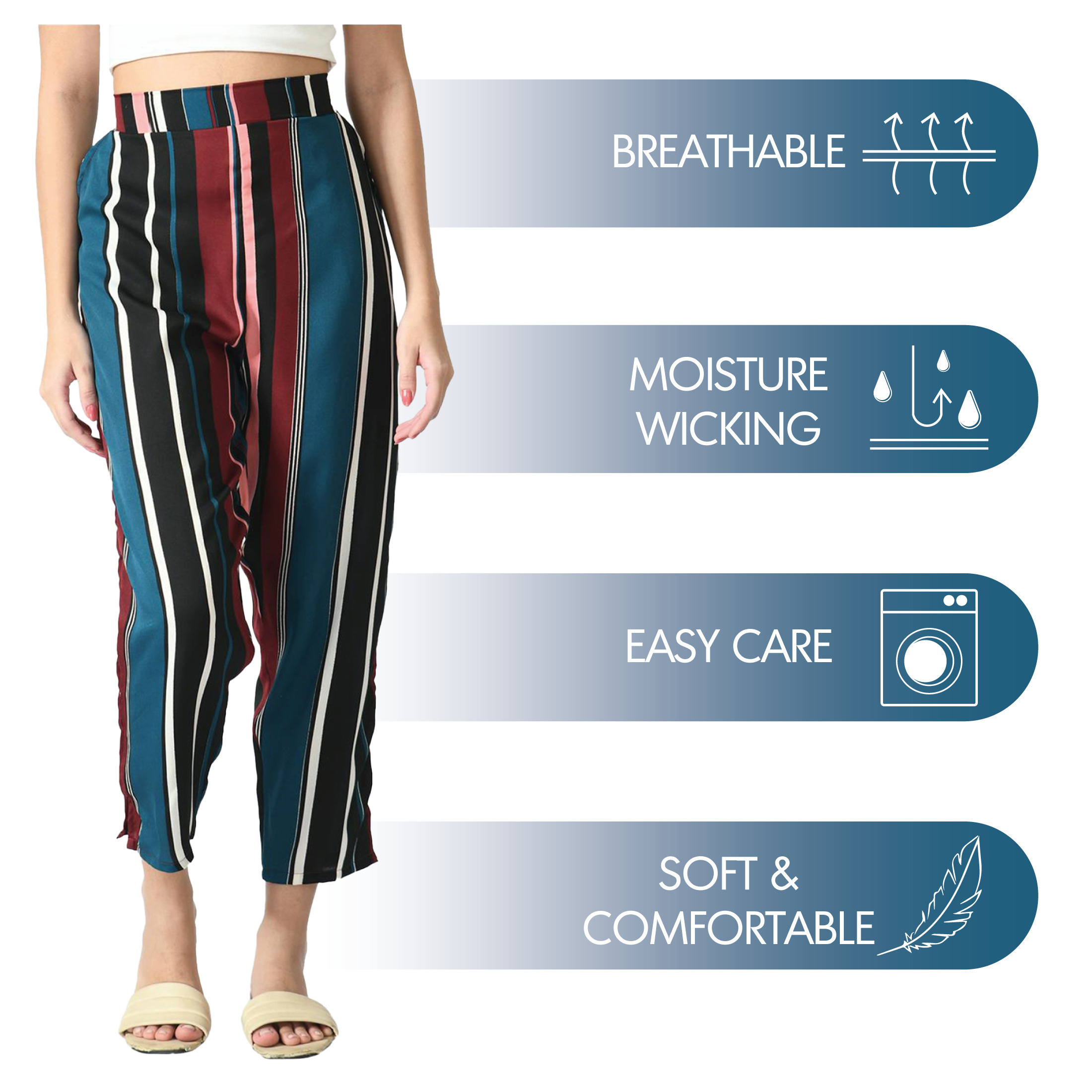 2-Pack: Ladies Summer Soft Fashionable Striped Wide Open Boho Leg Palazzo Pants - Medium