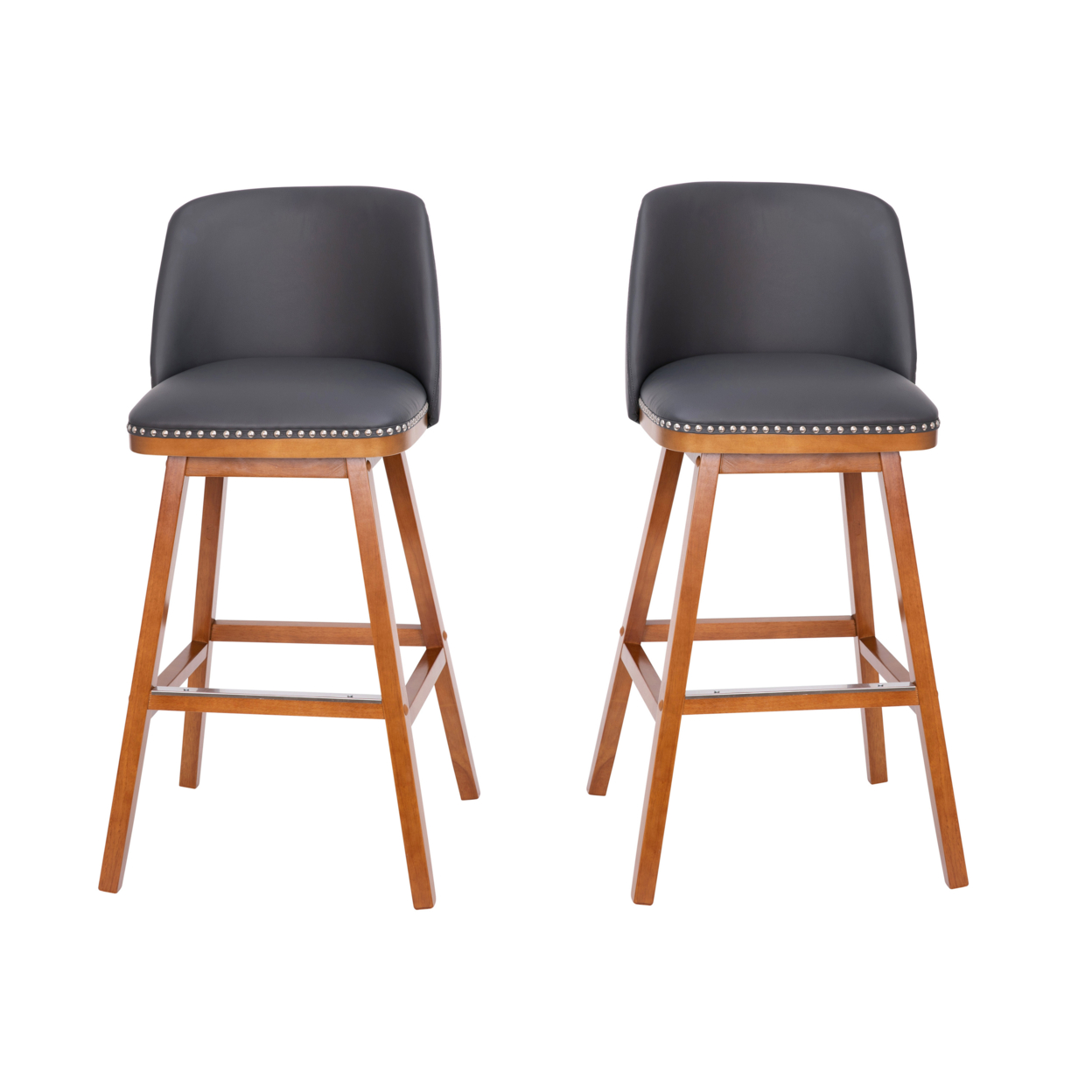2 Piece 30 Inch Leather Stools, Curved Back, Seat, Nailhead Trims, Gray