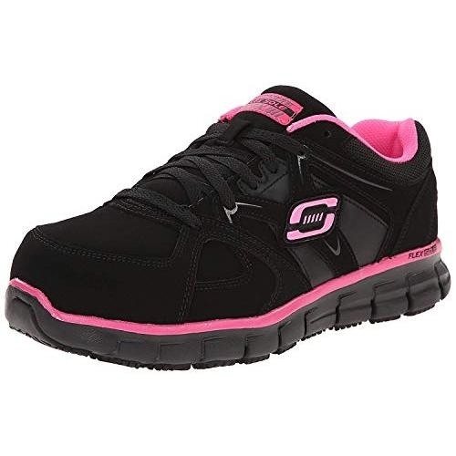 Skechers For Work Women's Synergy Sandlot Alloy Toe Lace-Up Work Shoe 6 BLACK/PINK - BLACK/PINK, 6.5 X-Wide
