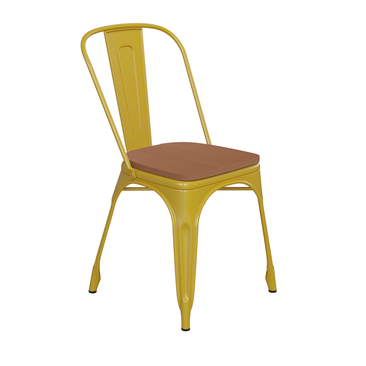Metal Chair, Curved Open Back, Polyresin Sleek Teak Brown Seat, Yellow