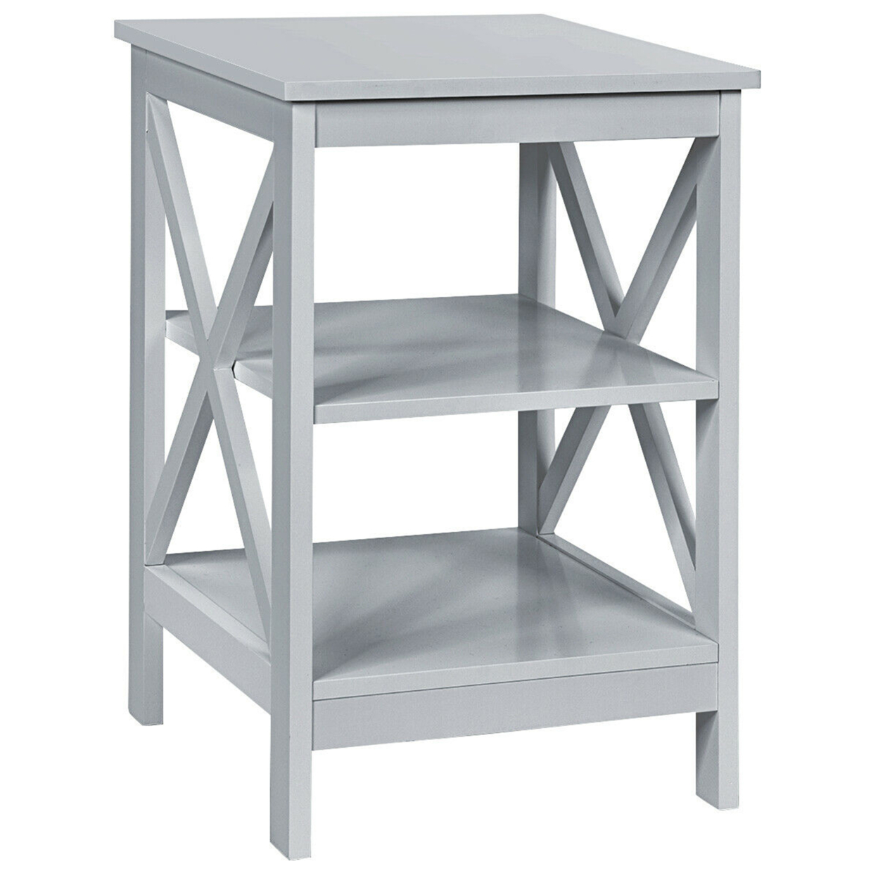 3-Tier Nightstand End Table X Design Storage Display Shelf Living Room - Grey