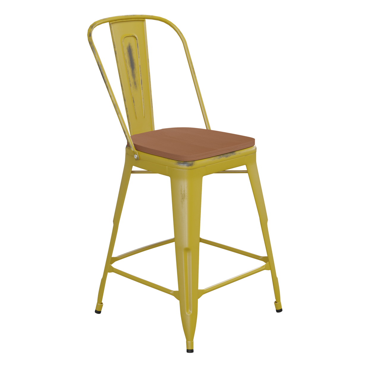 24 Inch Metal Counter Stool, Curved Open Back, Sleek Wood Seat, Yellow
