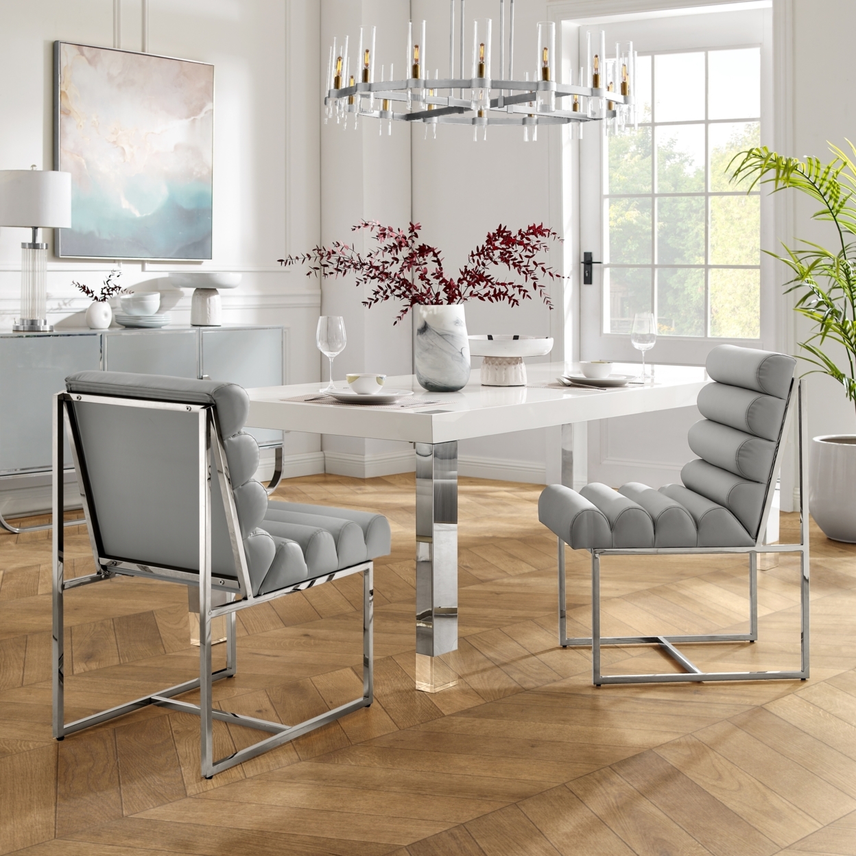 Madelyne Dining Chair - Upholstered, Stainless Steel Frame, Channel Tufted, Armless - Pu Leather Grey/chrome