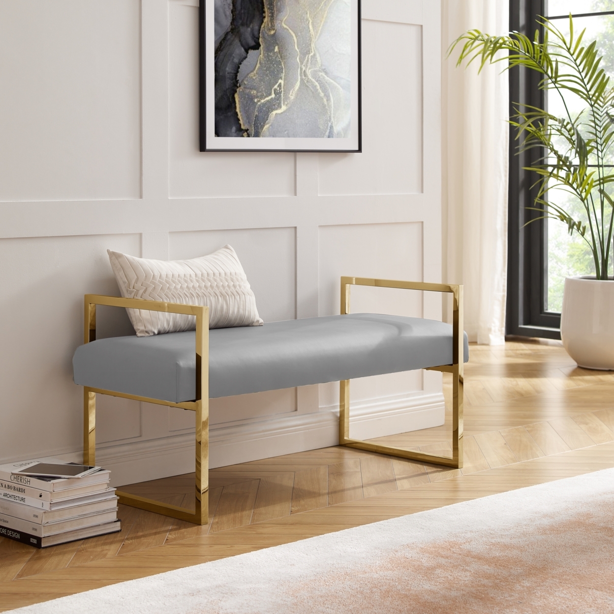 Madelyne Bench - Upholstered, Open Frame Design, Stainless Steel Polished Frame - Velvet Grey/gold
