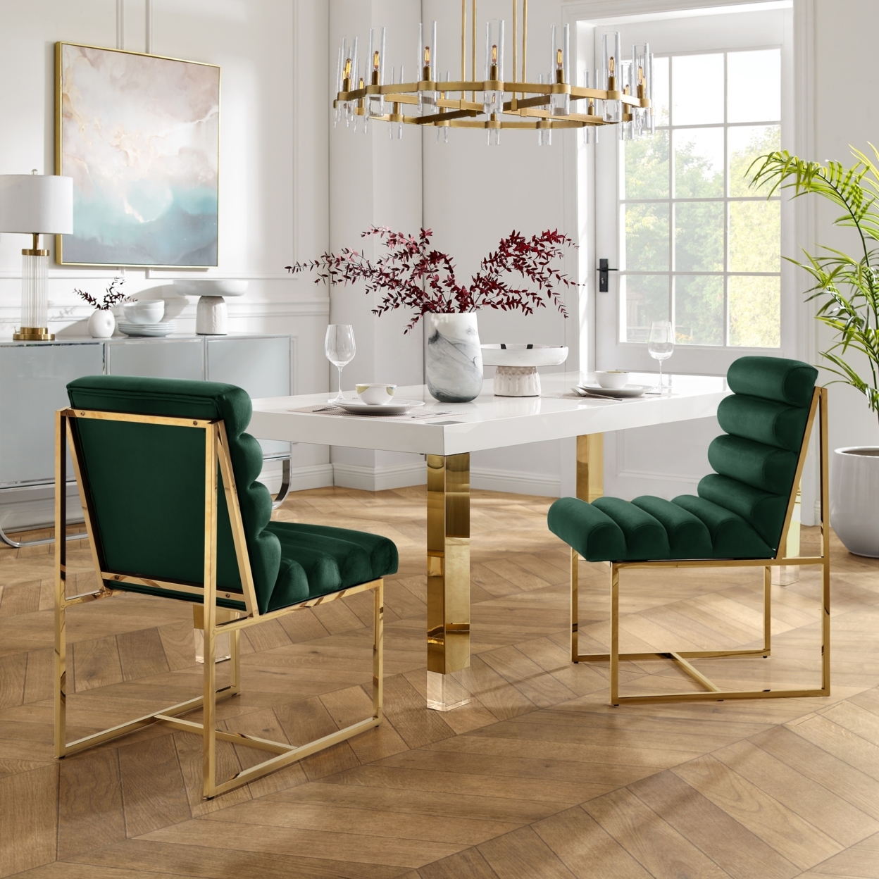 Madelyne Dining Chair - Upholstered, Stainless Steel Frame, Channel Tufted, Armless - Velvet Hunter Green/gold