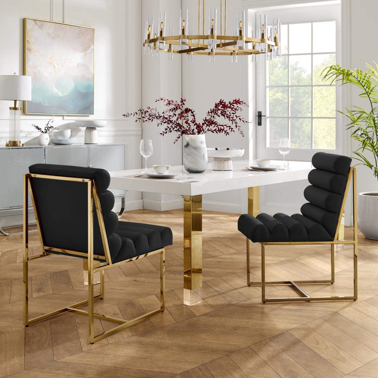 Madelyne Dining Chair - Upholstered, Stainless Steel Frame, Channel Tufted, Armless - Pu Leather Black/gold