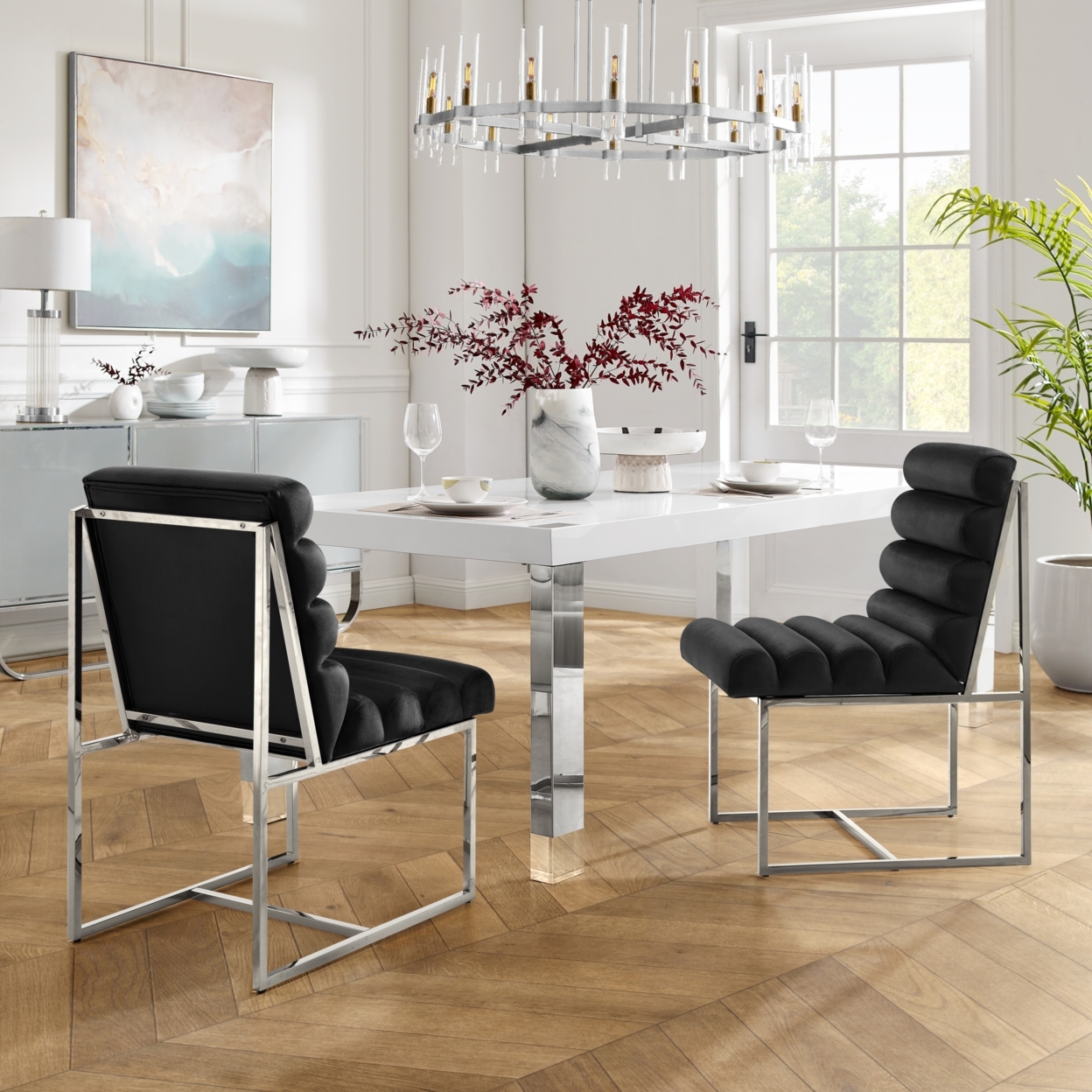 Madelyne Dining Chair - Upholstered, Stainless Steel Frame, Channel Tufted, Armless - Velvet Black/chrome