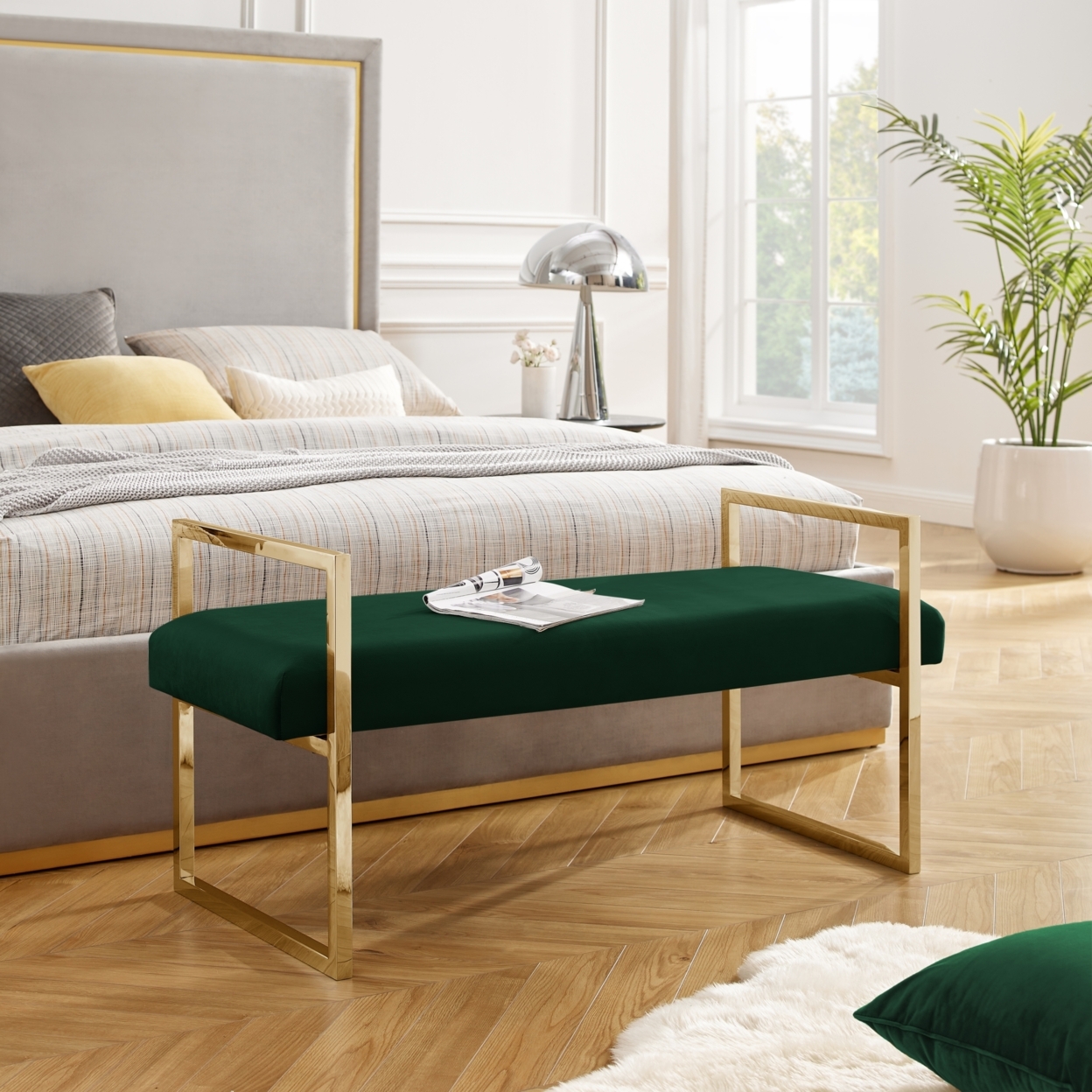 Madelyne Bench - Upholstered, Open Frame Design, Stainless Steel Polished Frame - Velvet Hunter Green/gold