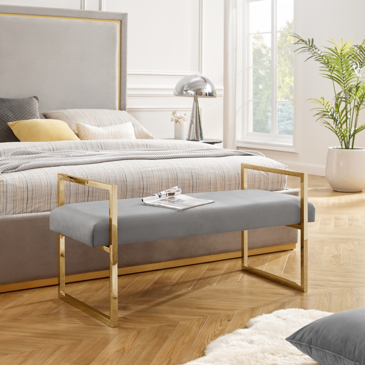 Madelyne Bench - Upholstered, Open Frame Design, Stainless Steel Polished Frame - Velvet Grey/gold