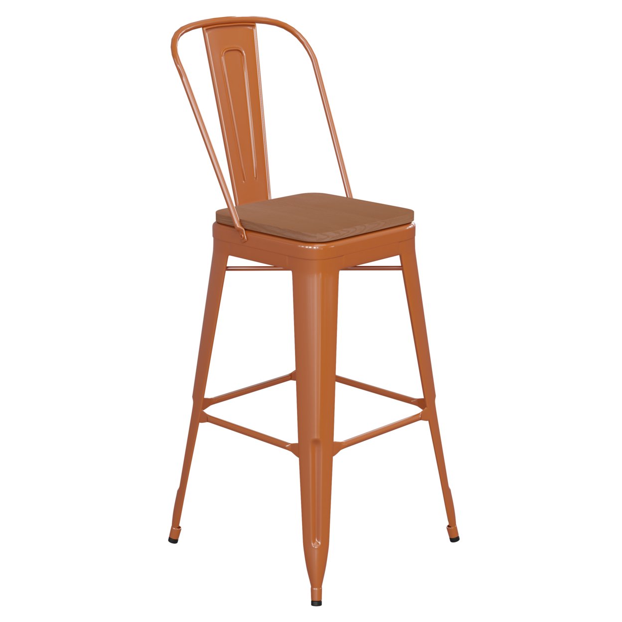 30 Inch Metal Chair, Curved Design Back, Polyresin Sleek Seat, Rust Orange