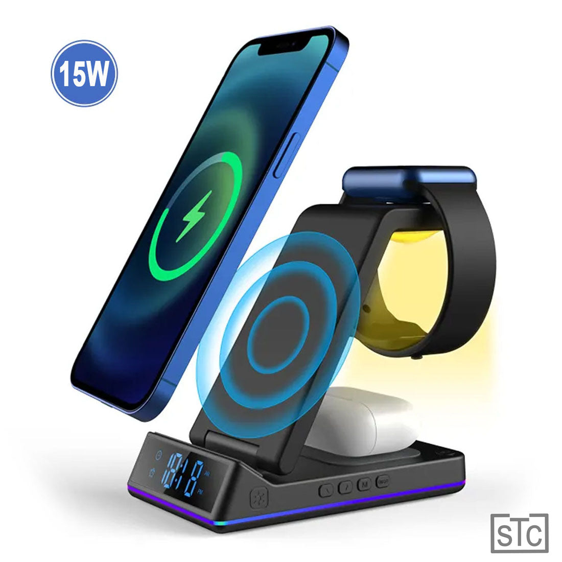 3 In 1 Wireless Charger With Clock/Alarm And Night Light,15W Fast Charging Station Compatible With IPhone , AirPods And IWatch