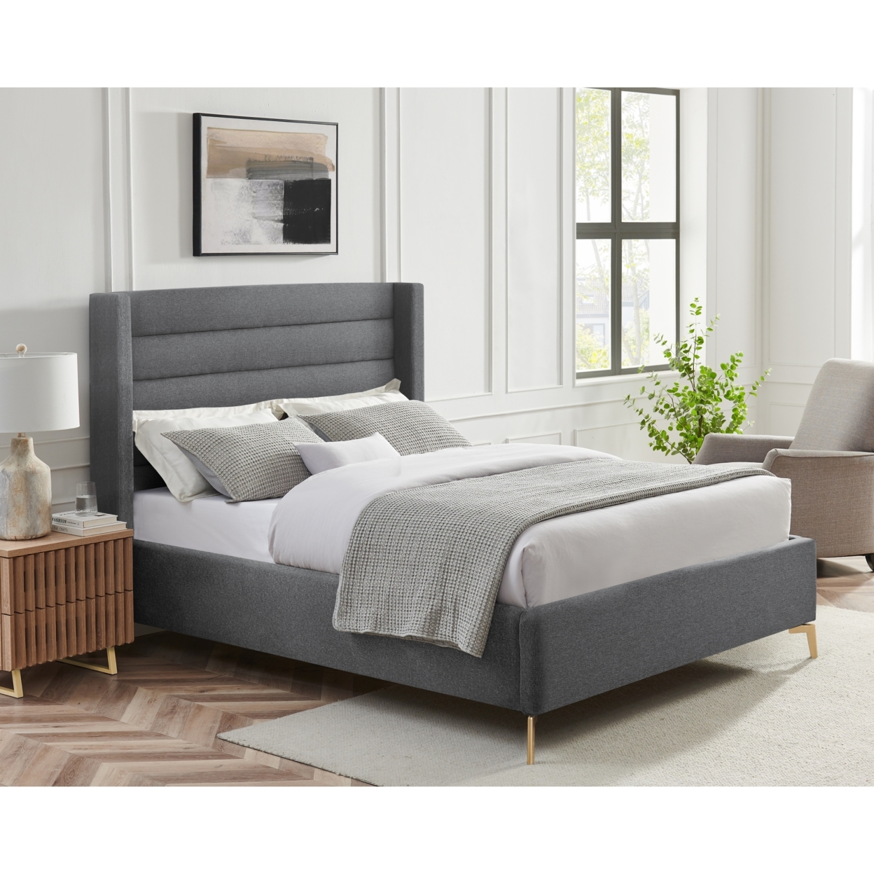 Rayce Bed - Linen Upholstered, Wingback Channel Tufted Headboard, Oblique Legs, Slats Included - Grey, Queen