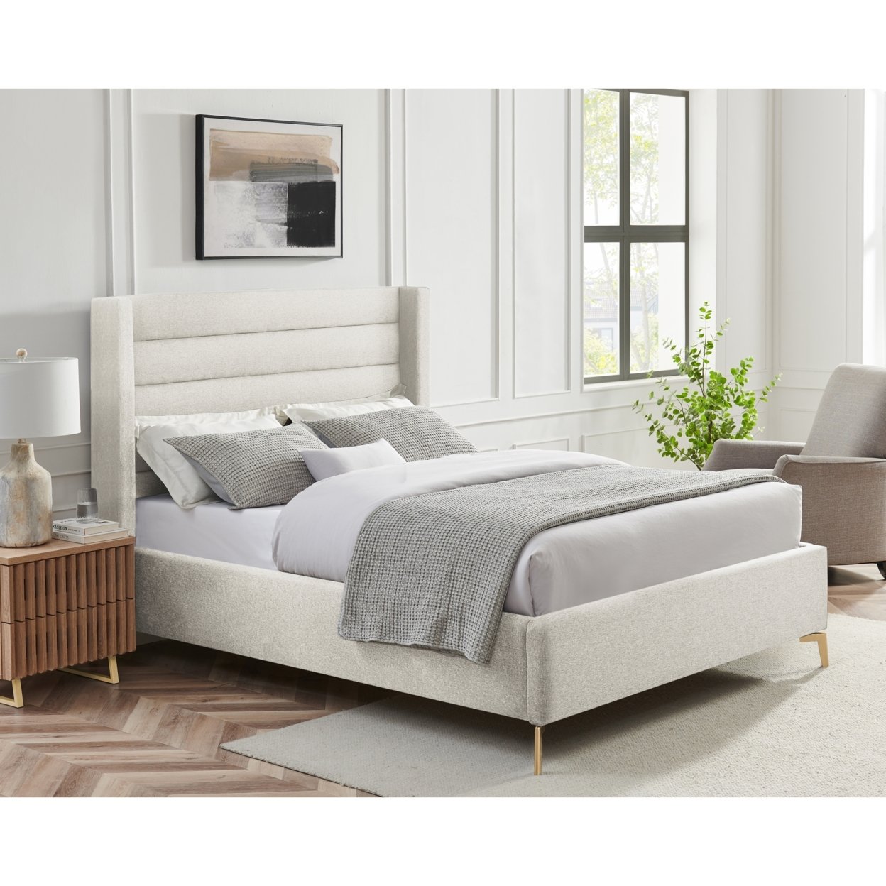 Rayce Bed - Linen Upholstered, Wingback Channel Tufted Headboard, Oblique Legs, Slats Included - Grey, King