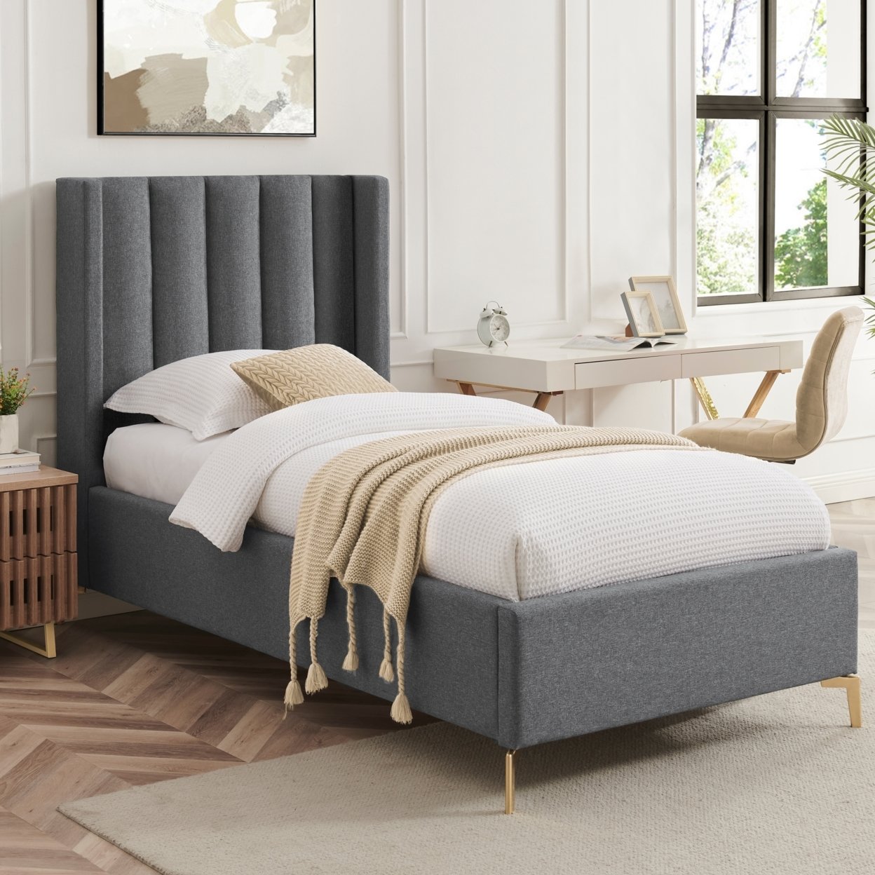 Naeem Bed - Linen Upholstered, Wingback Channel Tufted Headboard, Oblique Legs, Slats Included - Grey, Queen