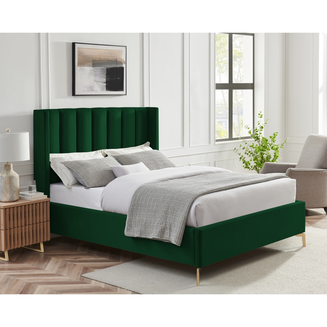 Naeem Bed - Velvet Upholstered, Wingback Channel Tufted Headboard, Oblique Legs, Slats Included - Green, Queen