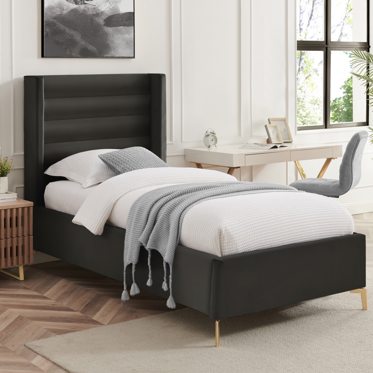 Rayce Bed -Velvet Upholstered, Wingback Channel Tufted Headboard, Oblique Legs, Slats Included - Black, Twin Xl