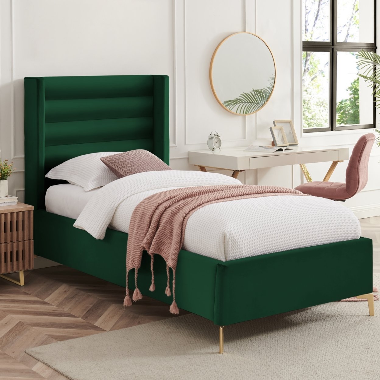 Rayce Bed -Velvet Upholstered, Wingback Channel Tufted Headboard, Oblique Legs, Slats Included - Green, Twin Xl