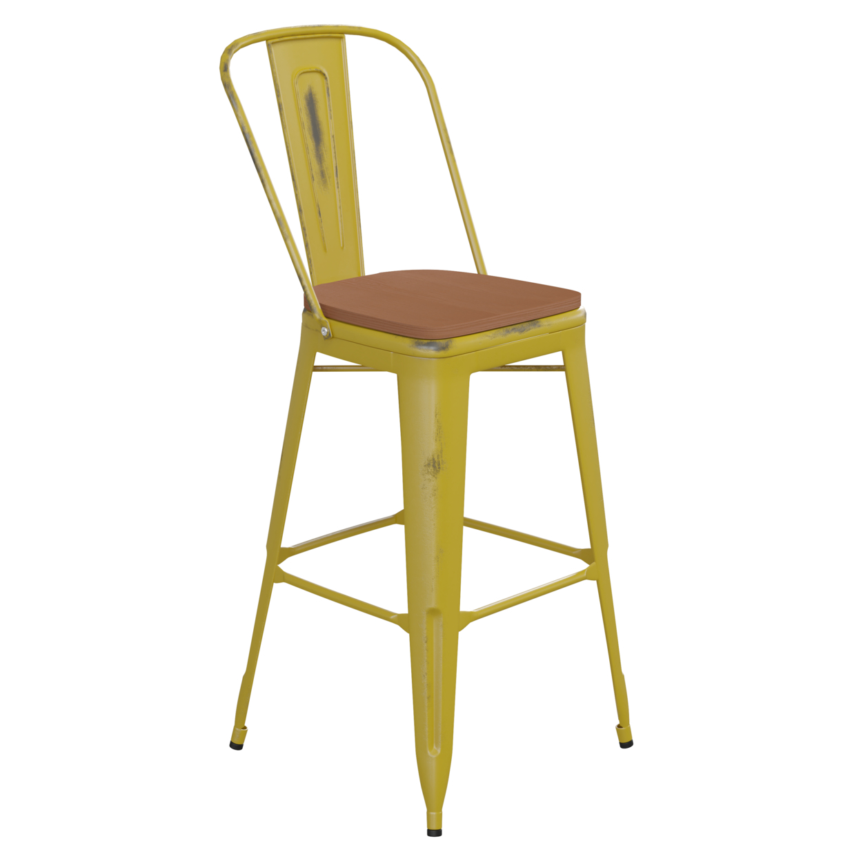 30 Inch Metal Bar Stool, Curved Open Back, Sleek Wood Seat, Yellow