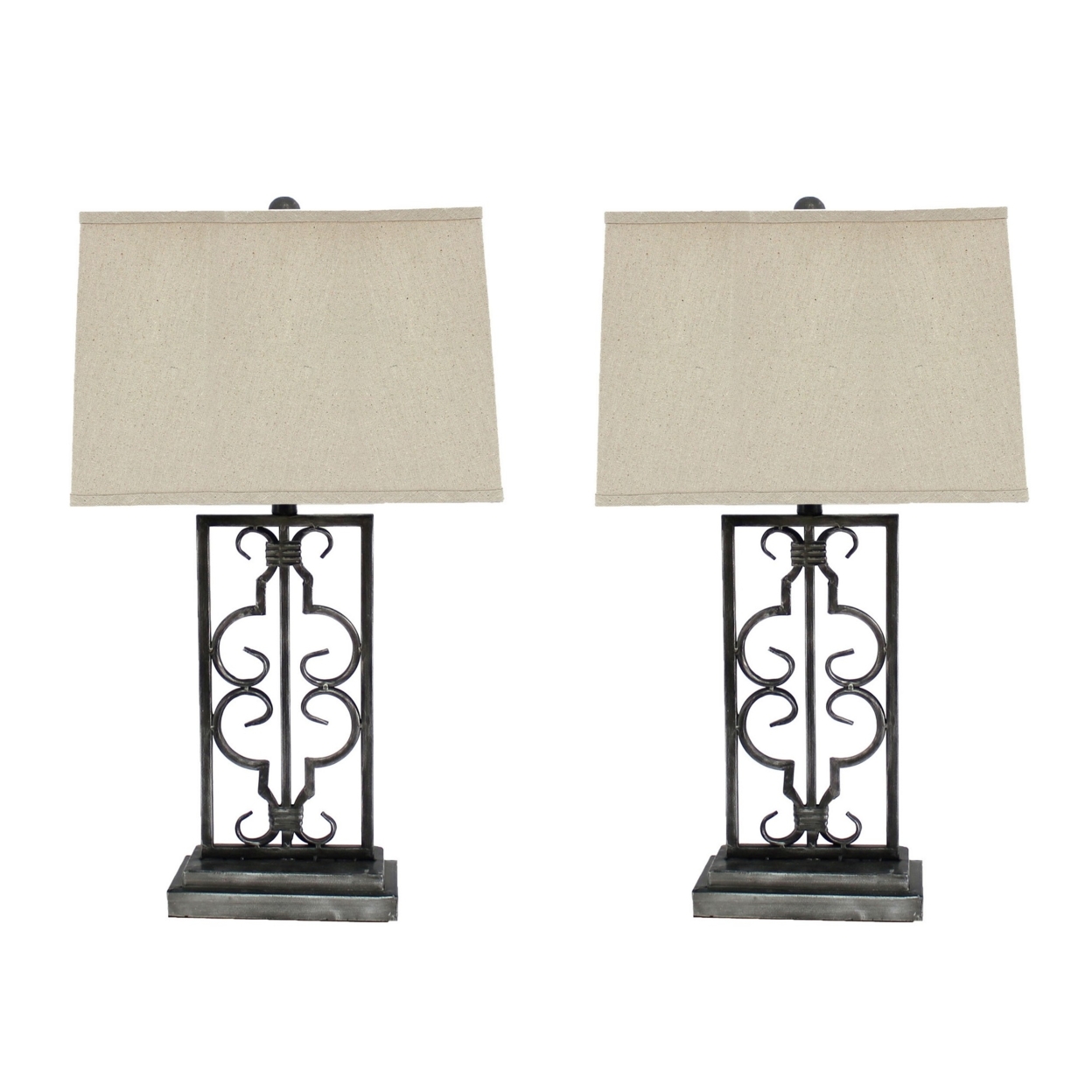29 Inch Industrial Table Lamp, Linen Shade, Stacked Pedestal Base, Black- Saltoro Sherpi