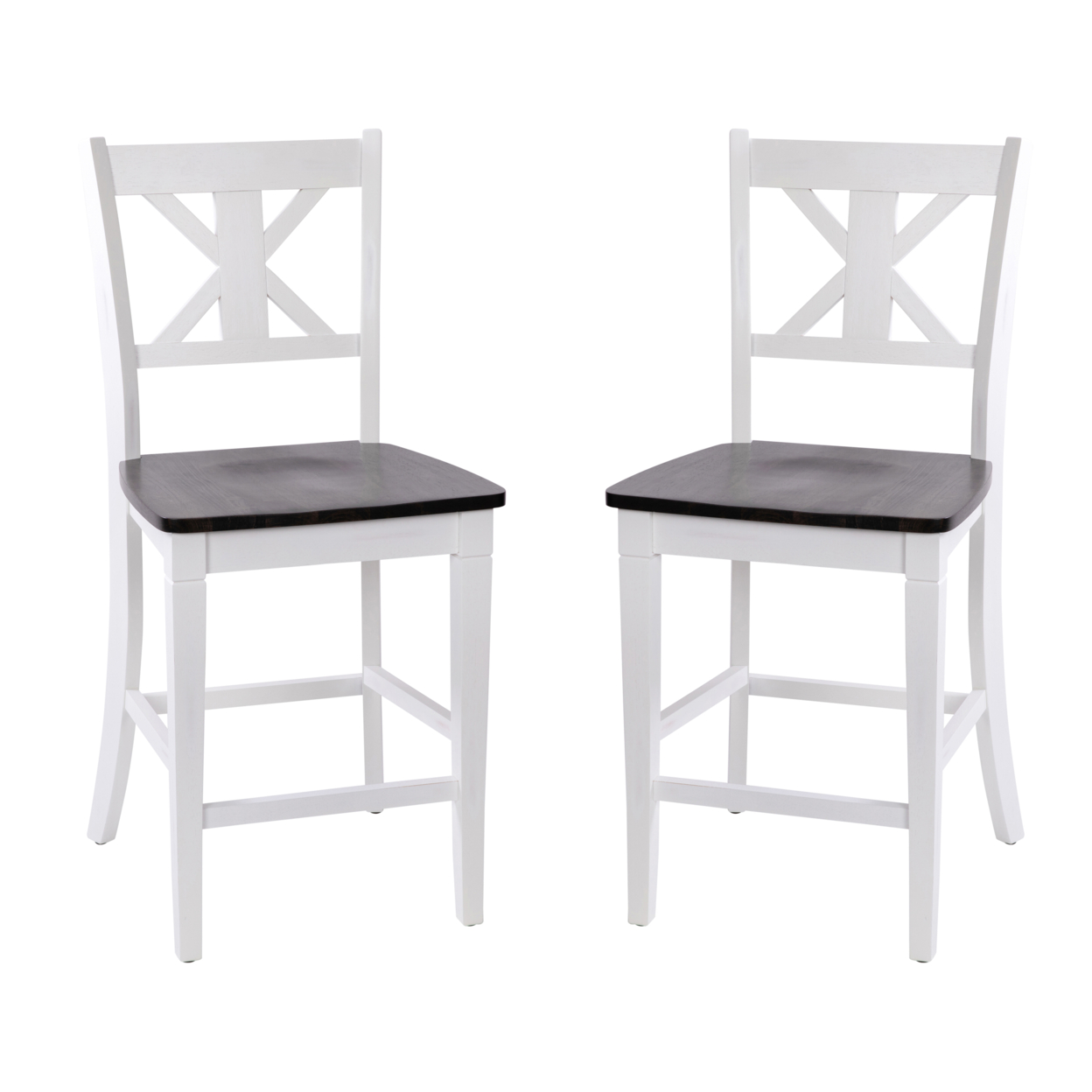 2 Piece Counter Stools, X Design Wood Back, Washed White