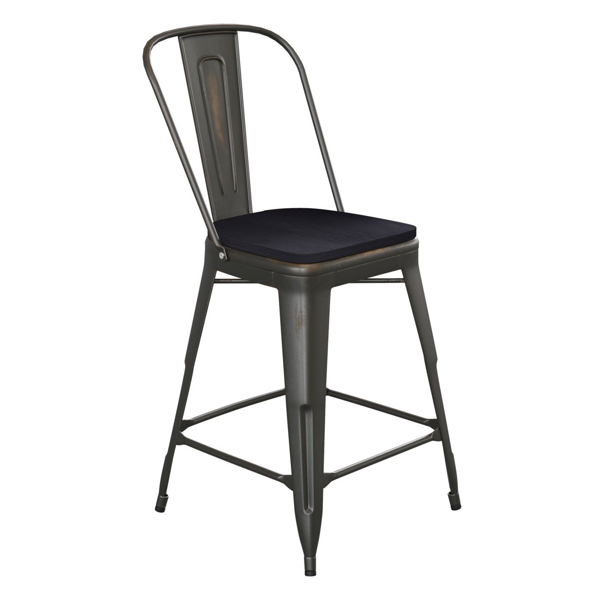 24 Inch Metal Counter Stool, Curved Open Back, Sleek Seat, Copper Black