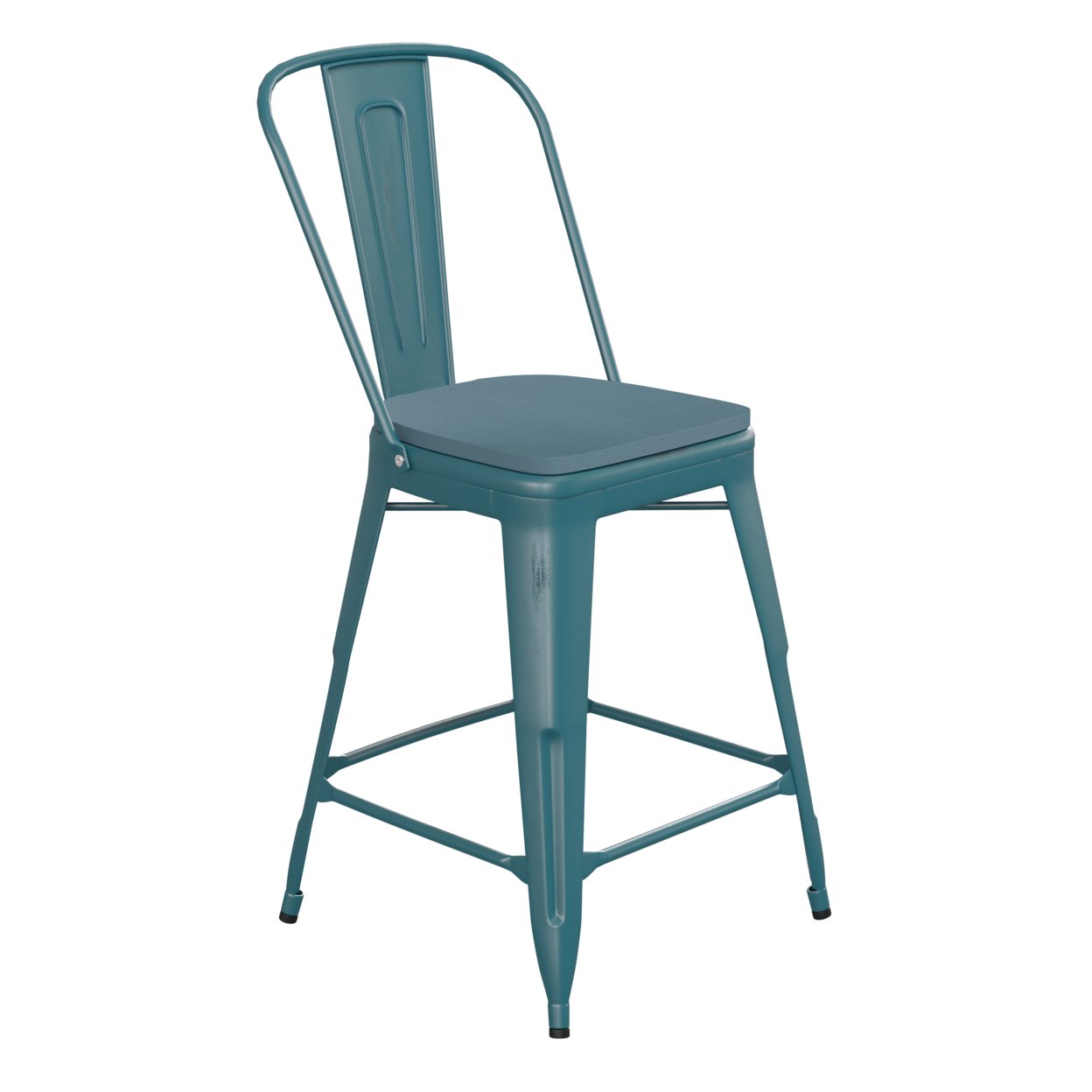 24 Inch Metal Counter Stool, Curved Open Back, Sleek Wood Seat, Blue