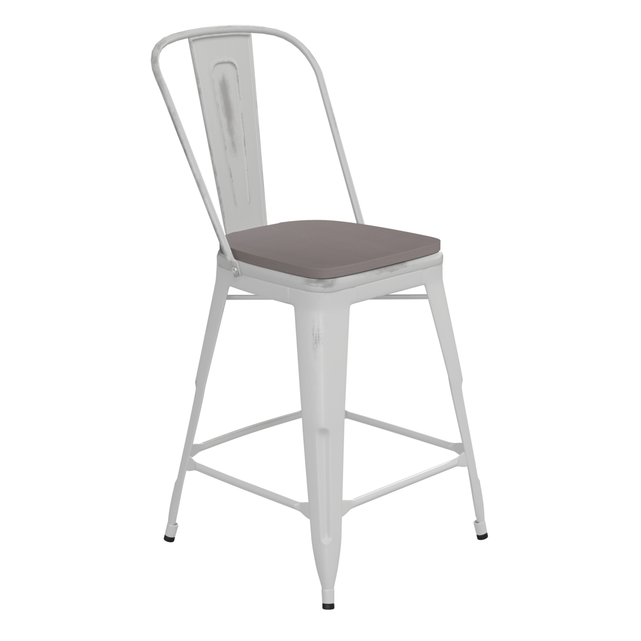 24 Inch Metal Counter Stool, Curved Open Back, Sleek Wood Seat, Light Gray
