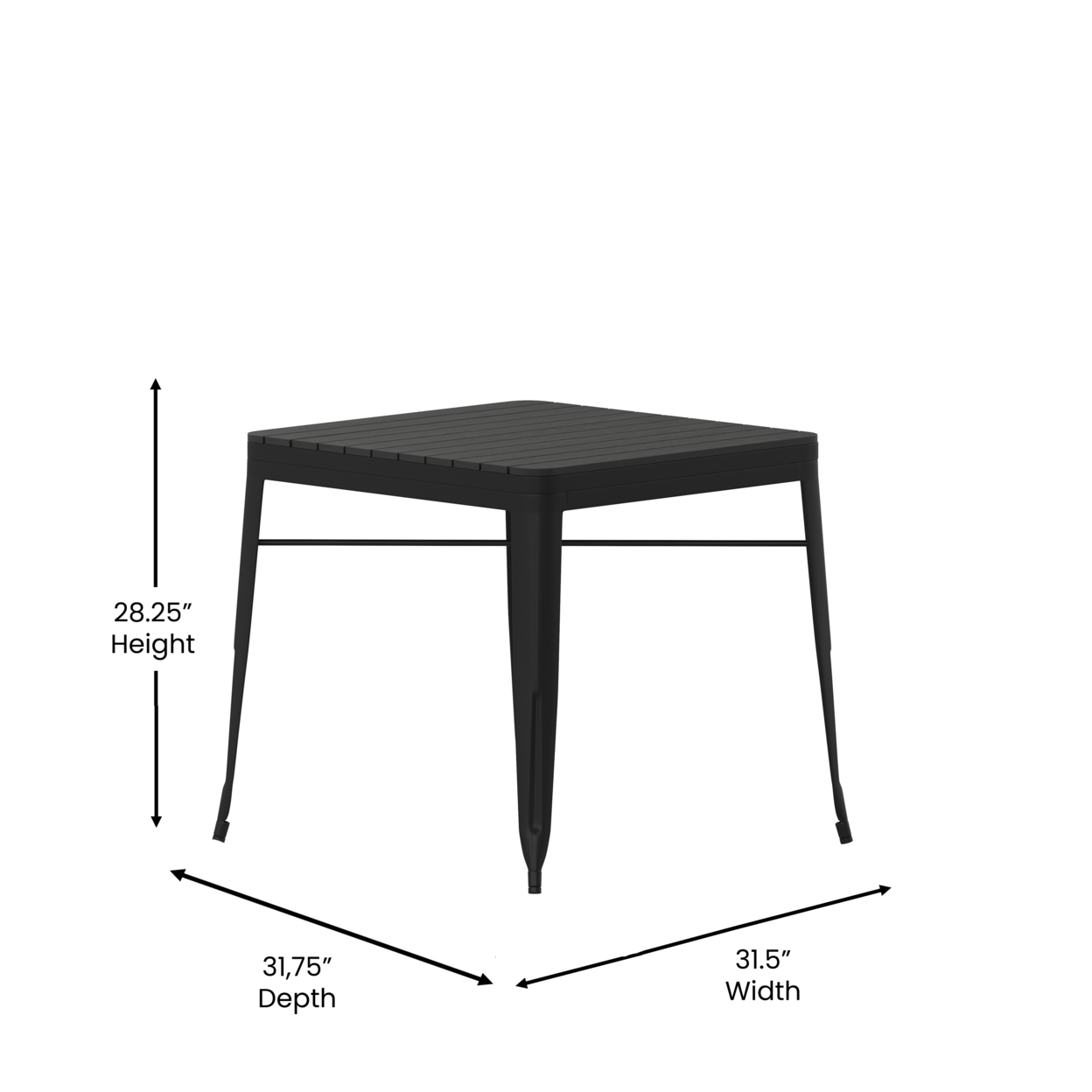 Indoor Outdoor Square Dining Table, Tapered Legs, Black Poly Resin Slats