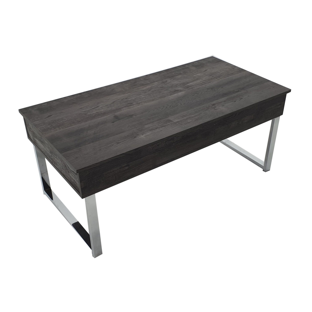 47 Inch Lift Top Coffee Table, Chrome Base, Distressed Gray, Rectangular