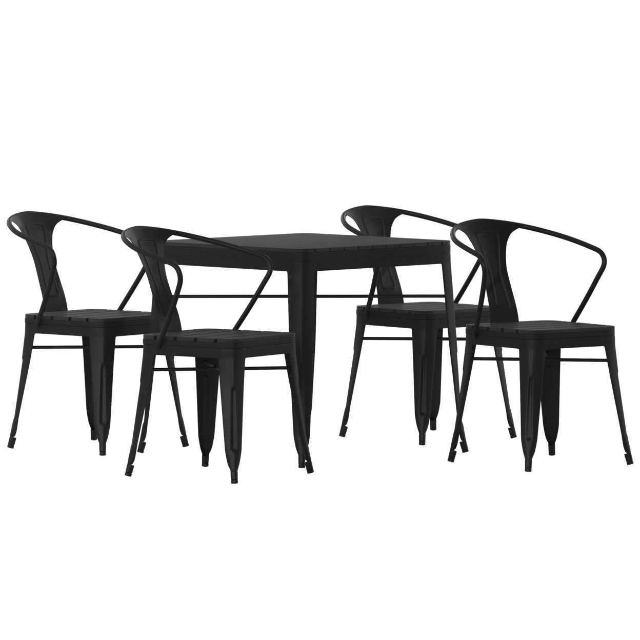 5 Pc Indoor Outdoor Dining Table Set, Integrated Arms, Black Poly Resin Top