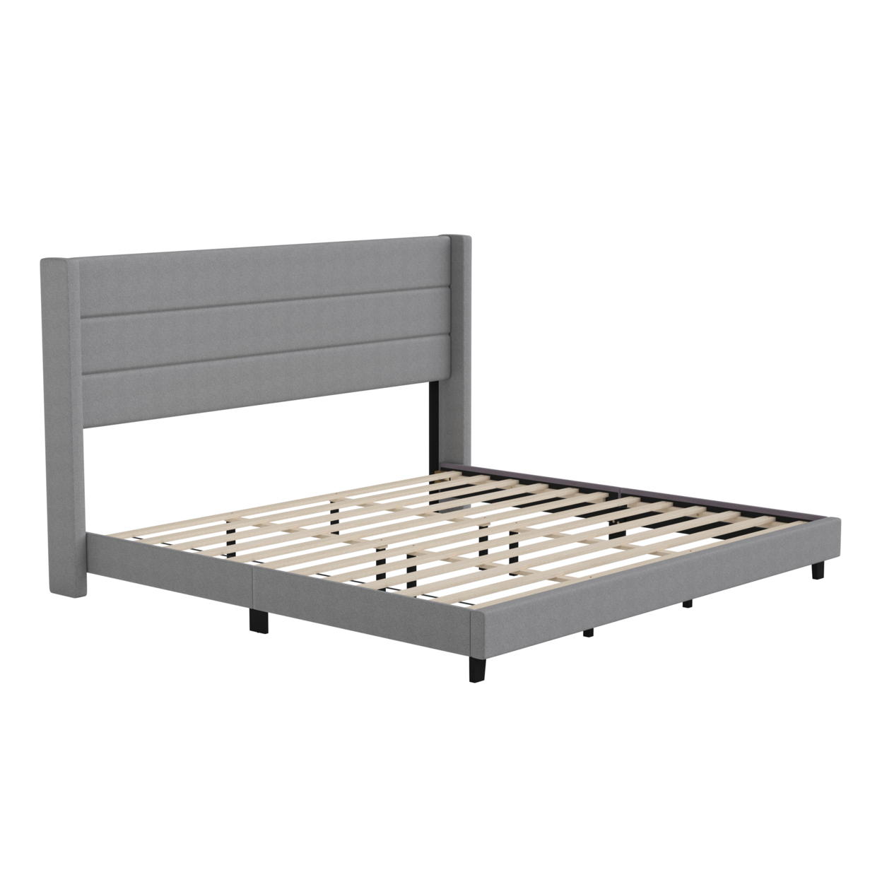 King Platform Bed, Foam Padded, Adjustable Floor Glides, Gray Faux Linen