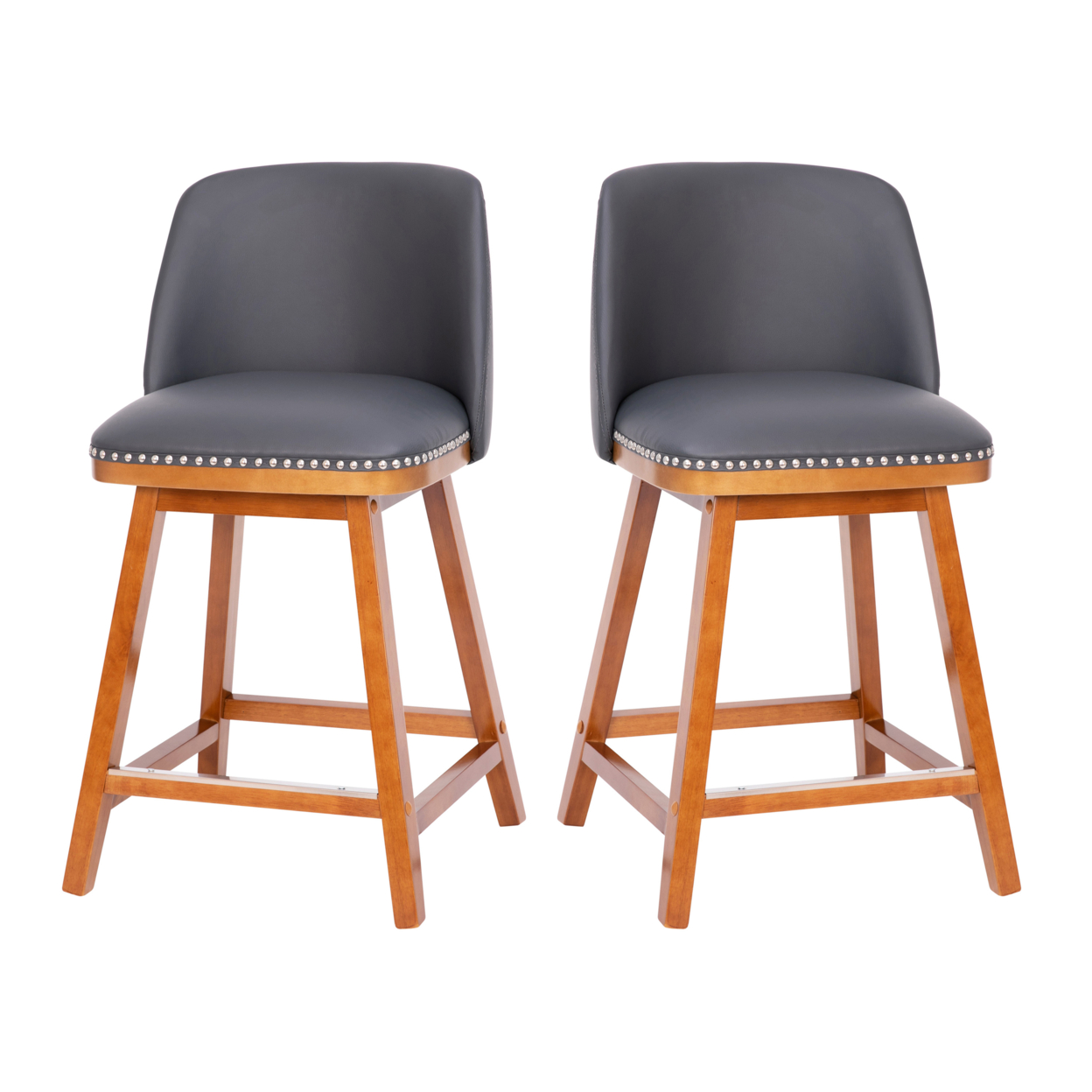 2 Piece 24 Inch Leather Stools, Curved Back, Seat, Nailhead Trims, Gray