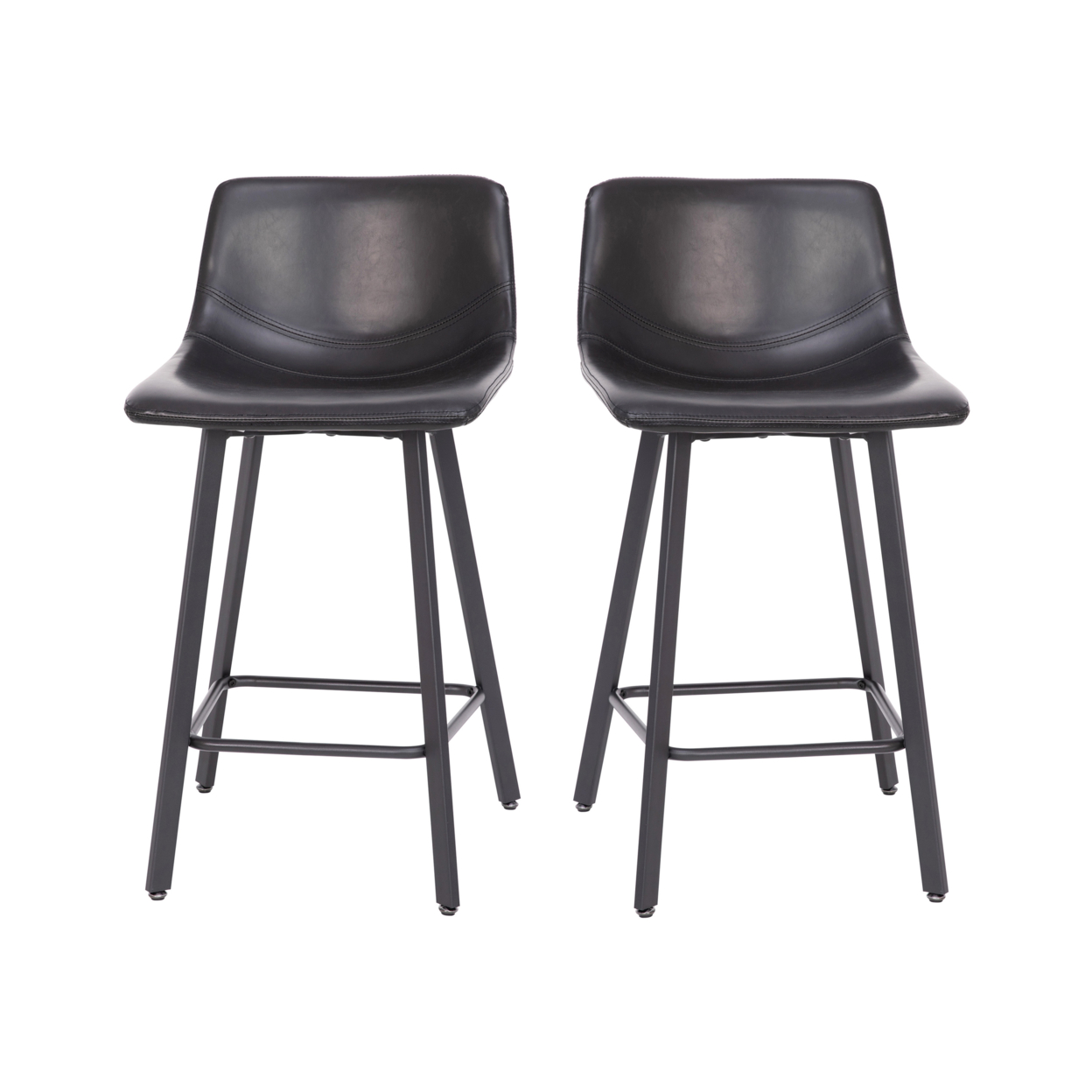 2 Piece 24 Inch Stool, Black Leather, Metal Angled Legs
