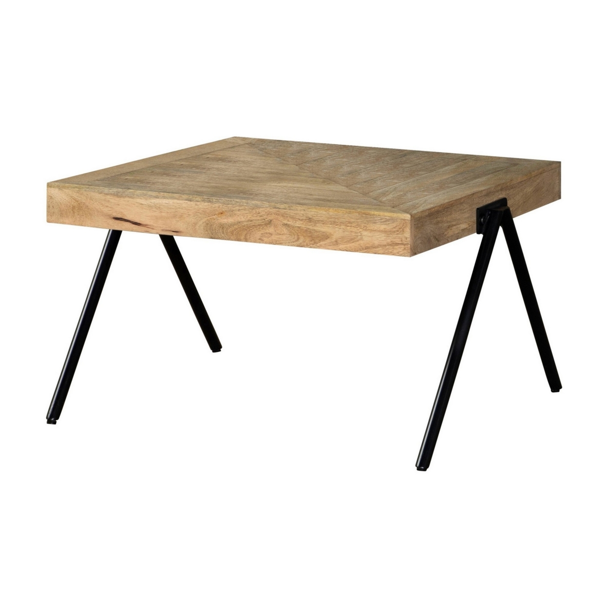 Zuri 30 Inch Coffee Table, Rectangular Mango Wood Top, Angled Iron Legs