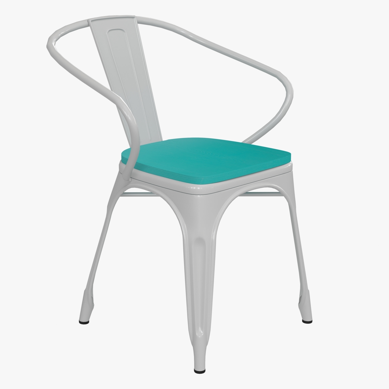 Metal Chair, Open Design Curved Arms, Polyresin Teal Blue Seat, White